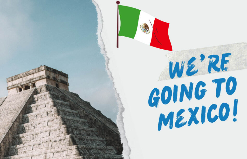 We're going to Mexico! Schriftzug mit Inka Gebäude.